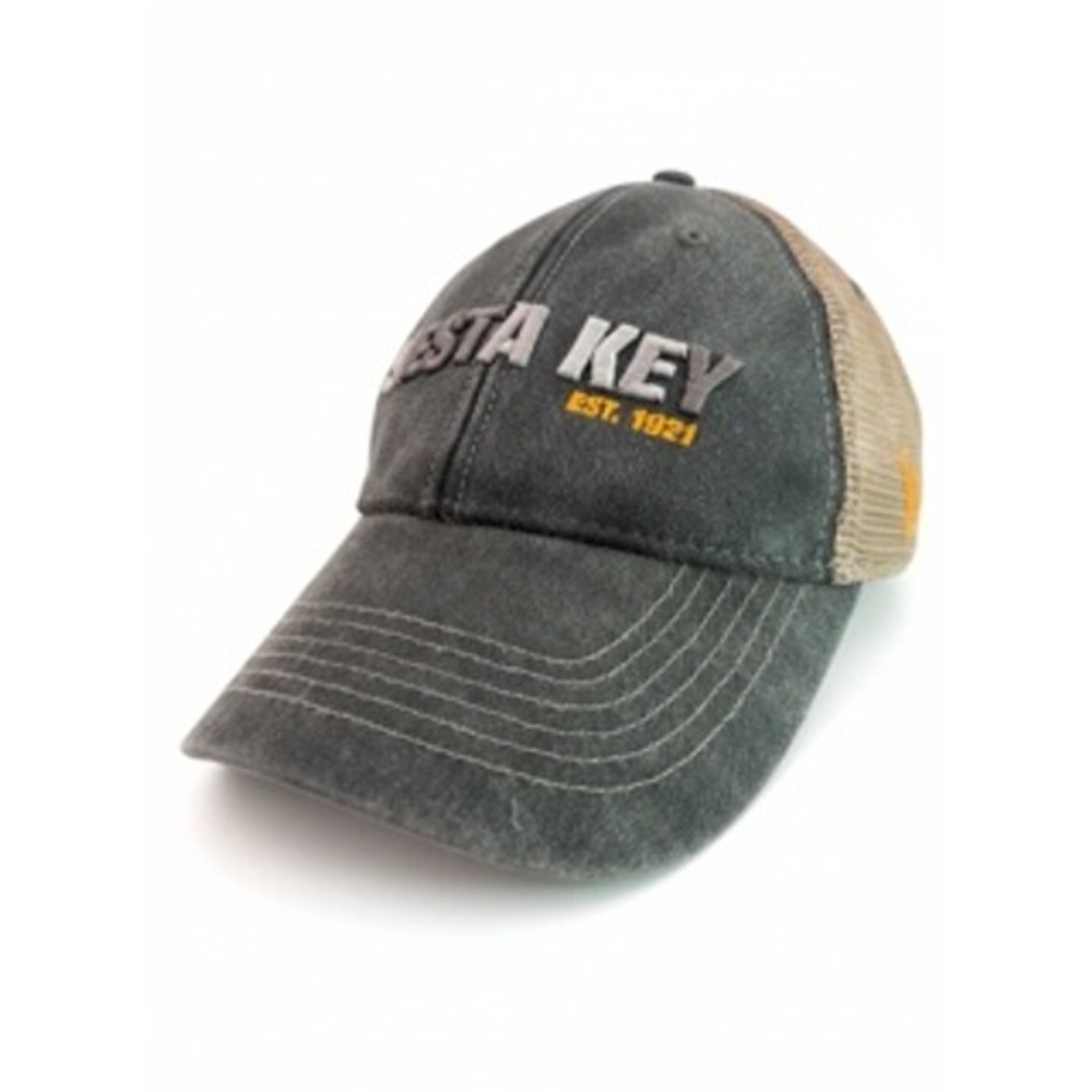 Siesta Key Florida Trucker Hat Gray Tan Mesh Snapback Cap DK Embroidery Est 1921